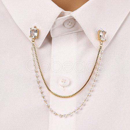 304 Stainless Steel Pave Clear Cubic Zirconia & ABS Pearl Rectangle Hanging Chain Brooch JEWB-S021-03G-1