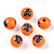 Halloween Theme Wood European Beads, Printed Large Hole Beads, Round, Dark Orange, Witch, 15.5~16.5mm, Hole: 3.5~4.5mm