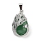 Natural Green Aventurine Teardrop Pendants, Alloy Peacock Charms, Platinum, 33x19x10mm, Hole: 3.5x9mm