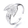 304 Stainless Steel Leaf Open Cuff Ring for Women RJEW-N040-26-1