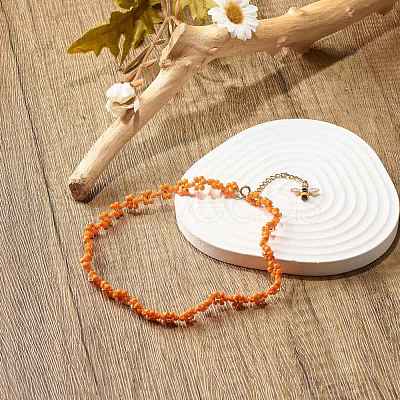 Glass Seed Beaded Flower Necklace with Alloy Enamel Bee Charm NJEW-JN03817-04-1