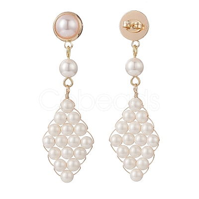 Shell Pearl & Plastic Braided Rhombus Dangle Stud Earrings EJEW-TA00166-1