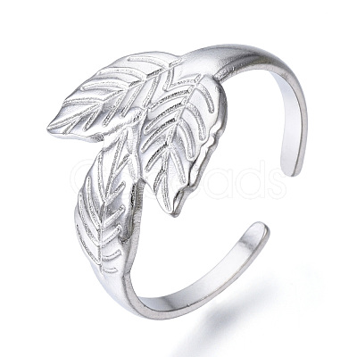 Non-Tarnish 304 Stainless Steel Leaf Open Cuff Ring for Women RJEW-N040-26-1