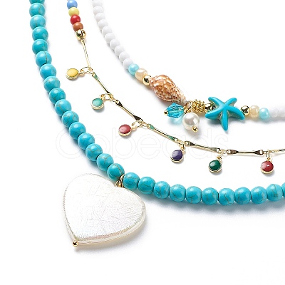 3Pcs 3Pcs Shell Pearl & Acrylic Heart & Enamel Pendant Necklaces Set NJEW-JN04038-1