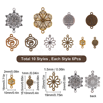 SUNNYCLUE 60Pcs 10 Styles Tibetan Style Alloy Connector Charms FIND-SC0003-35-1