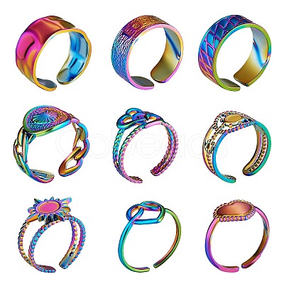 9Pcs 9 Style Rainbow Color 304 Stainless Steel Heart & Star & Word Love Cuff Rings RJEW-SZ0001-20-1