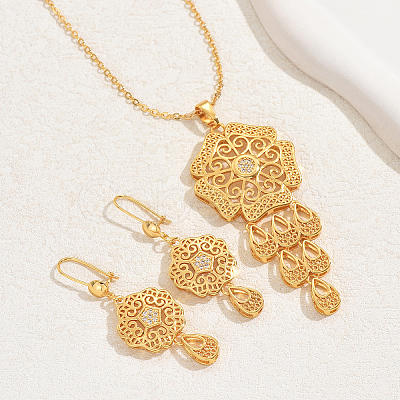 Simple and Stylish 18K Gold Plated Brass Cubic Zirconia Flower Pendant Necklace & Dangle Earrings Set for Women QB5111-1