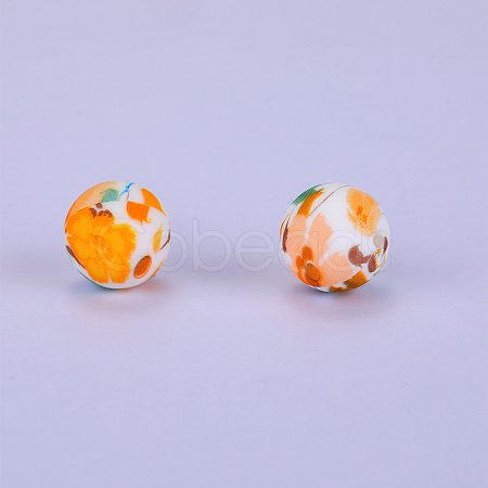 Printed Round with Flower Pattern Silicone Focal Beads SI-JX0056A-177-1