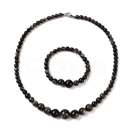 Natural Silver Obsidian Round Beads Bracelets & Necklaces Sets SJEW-L132-24-1