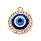 Zinc Alloy Big Pendants, with Resin and Rhinestone, Flat Round with Evil Eyes, Light Gold, 22x18.5x5mm, Hole: 2mm