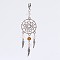 Alloy Pendants, Woven Net/Web with Feather, with Rose Quartz Beads and Brass Lobster Claw Clasps, Antique Silver and Platinum, 85.5mm