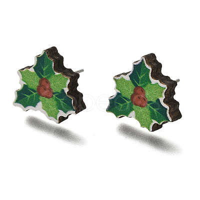 Christmas Printed Wood Stud Earrings for Women EJEW-U025-01A-1