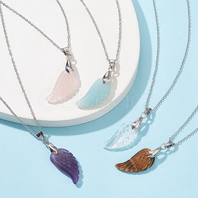 Natural Mixed Gemstone Wing Pendant Necklaces NJEW-JN04506-1