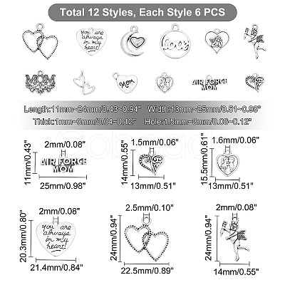 PandaHall Elite 72Pcs 12 Style  Tibetan Style Filigree Alloy Heart Charms TIBEP-PH0001-41-1