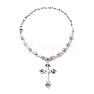 Natural Pearl with Cross Alloy Pendant Necklaces NJEW-JN04813-1