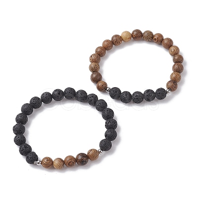 Natural Lava Rock & Wooden Round Beaded Stretch Bracelet BJEW-JB10075-1