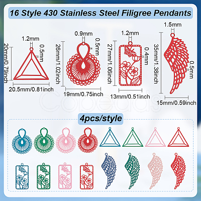 BENECREAT 64Pcs 16 Style 430 Stainless Steel Filigree Pendants STAS-BC0003-75-1