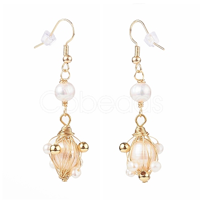 Wire Wrapped Natural Pearl Dangle Earrings EJEW-JE04505-1