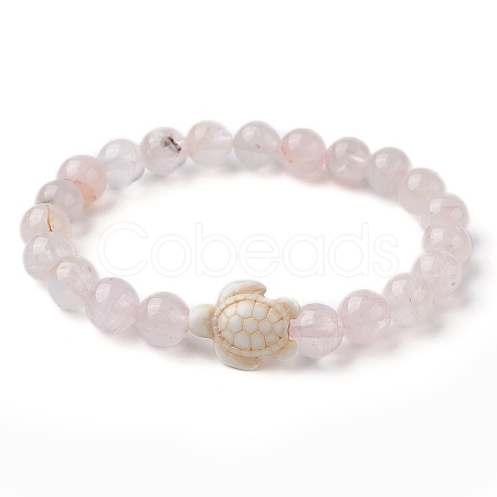 Natural Rose Quartz Round & Synthetic Turquoise Turtle Beaded Stretch Bracelet for Women BJEW-JB09700-02-1