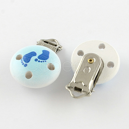 Flat Round Printed Wooden Baby Pacifier Holder Clip with Iron Clasp WOOD-R251-11A-1