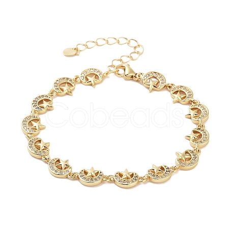 Rack Plating Brass Pave Clear Cubic Zirconia Moon Link Chain Bracelets for Women BJEW-R317-14G-1