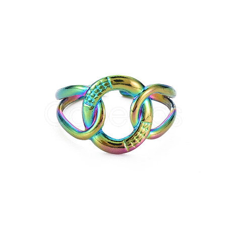 Rainbow Color 304 Stainless Steel Interlocking Ring Cuff Ring RJEW-N038-042M-1
