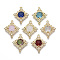 Brass Links Connectors, with with Faceted Dome Glass Cabochons & Crystal Rhinestone, Rhombus, Light Gold, Mixed Color, 23.5x19x4.5mm, Hole: 1.2mm, Side Length: 13.5mm