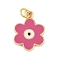 Brass Enamel Pendants, with Jump Ring, Real 18K Gold Plated, Flower Charm, Hot Pink, 18x13x1.5mm, Hole: 3mm