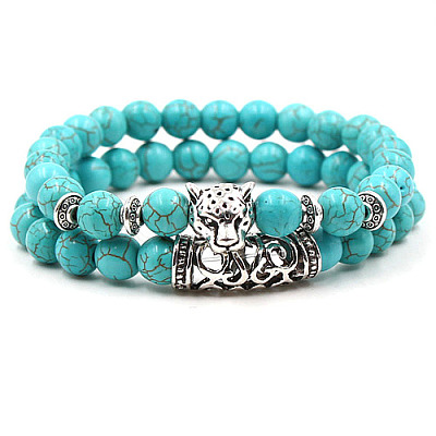 2Pcs Synthetic Turquoise Stretch Bracelet Sets for Women Men IX3190-6-1