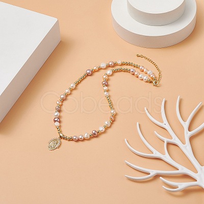 Brass Virgin Mary Pendant Necklace with Natural Pearl Beaded Chains for Women NJEW-JN04144-02-1