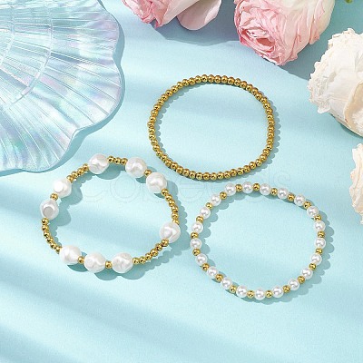 3Pcs 3 Styles 304 Stainless Steel & Resin & ABS Plastic Imitation Pearl Beaded Stretch Bracelet Sets BJEW-JB10874-1