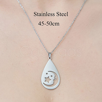 Non-Tarnish 201 Stainless Steel Hollow Teardrop with Moon Pendant Necklace NJEW-OY002-10-1