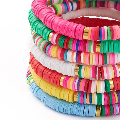 7Pcs Rainbow Polymer Clay Heishi Beads Stretch Bracelets Set X-BJEW-JB05882-1