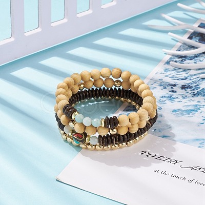 4Pcs 4 Style Natural Flower Amazonite & Synthetic Hematite & Wood Stretch Bracelets Set with Indonesia Beaded BJEW-JB08360-1