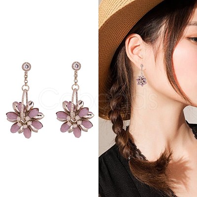 Flower Shape Brass Glass Imitation Rose Quartz Dangle Earrings EJEW-BB65719-A-1