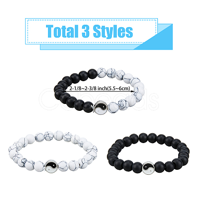 FIBLOOM 3Pcs 3 Styles Natural Howlite & Frosted Black Stone Beaded Stretch Bracelets Set BJEW-FI0001-21-1