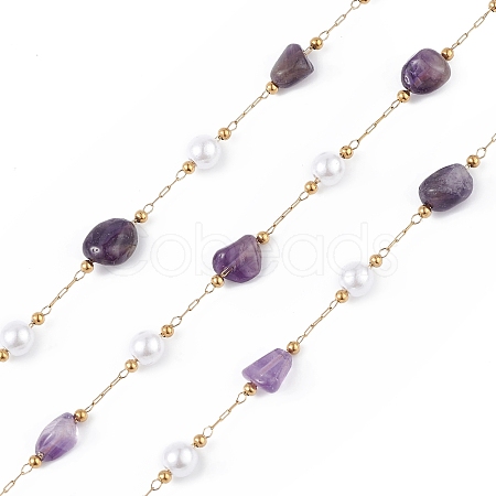 Natural Amethyst Nugget & Glass Imitation Pearl Beaded Chain CHS-C006-02F-1