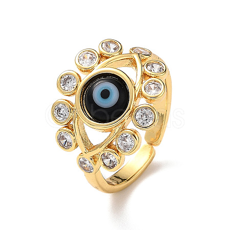 Lampwork Evil Eye Open Cuff Ring with Clear Cubic Zirconia RJEW-L104-03G-03-1