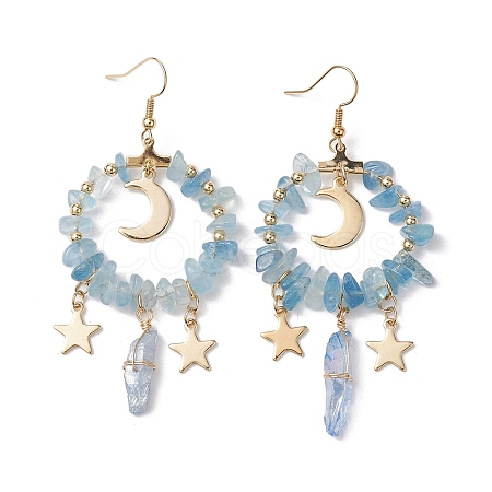 Natural Aquamarine Chip & Dyed Quartz Crystal Beaded Ring Dangle Earrings EJEW-TA00357-01-1