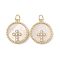 Brass Pendants Pave Shell, with Clear Cubic Zirconia, Round with Cross, Real 18K Gold Plated, 18x16x3mm