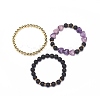 3Pcs 3 Style Heart Natural Purple Mica Stone & Lava Rock & Synthetic Hematite Beaded Stretch Bracelets Set BJEW-JB08736-6