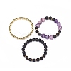 3Pcs 3 Style Heart Natural Purple Mica Stone & Lava Rock & Synthetic Hematite Beaded Stretch Bracelets Set BJEW-JB08736-6