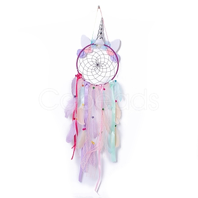 Handmade Unicorn Woven Net/Web with Feather Wall Hanging Decoration HJEW-A001-01B-1