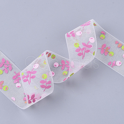 Flower Pattern Printed Polyester Organza Ribbons ORIB-Q034-06-1