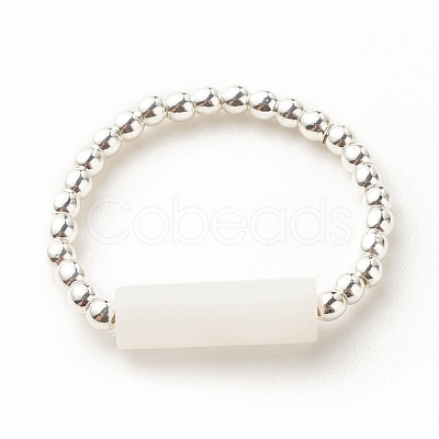 Natural White Jade Column Beaded Finger Ring with Synthetic Hematite RJEW-JR00461-02-1