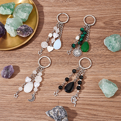 Gemstone with ABS Plastic Imitation Pearl Beaded Keychain with Star/Moon/Sun Alloy Pendants KEYC-PH01516-02-1