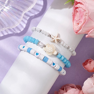 3Pcs Summer Beach Polymer Clay & Glass & Synthetic Turquoise Beaded Stretch Bracelets Kit BJEW-JB10675-01-1