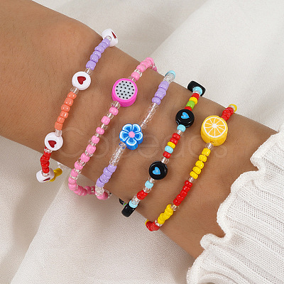 Candy-colored Heart Fruit Clay Beads Elastic Bracelet Set for Women and Kids (5 Pieces) ST1552540-1