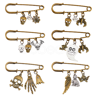 6Pcs 6 Style Skull & Wing & Witch Alloy Charms Safety Pin Brooch JEWB-PH01257-1