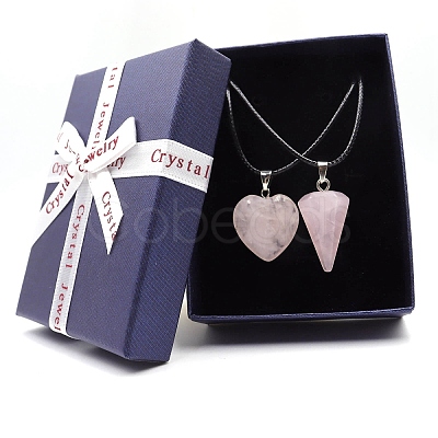 2Pcs 2 Style Heart & Cone Natural Rose Quartz Pendant Necklaces Sets PW-WG47736-01-1